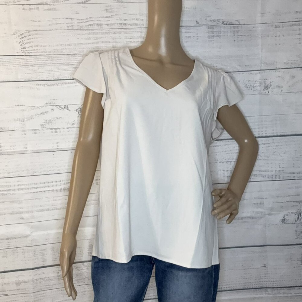 NWOT Light Beige Butterfly Sleeve V Neck Blouse - Picture 2 of 6